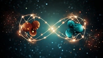 A colorful, futuristic looking virtual molecule in an infinity shape on a black background. A colorful, futuristic looking virtual molecule in an infinity shape on a black background.