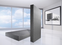 A graphic representation of Neopor panels in front of a row of windows (Photo: BASF SE)